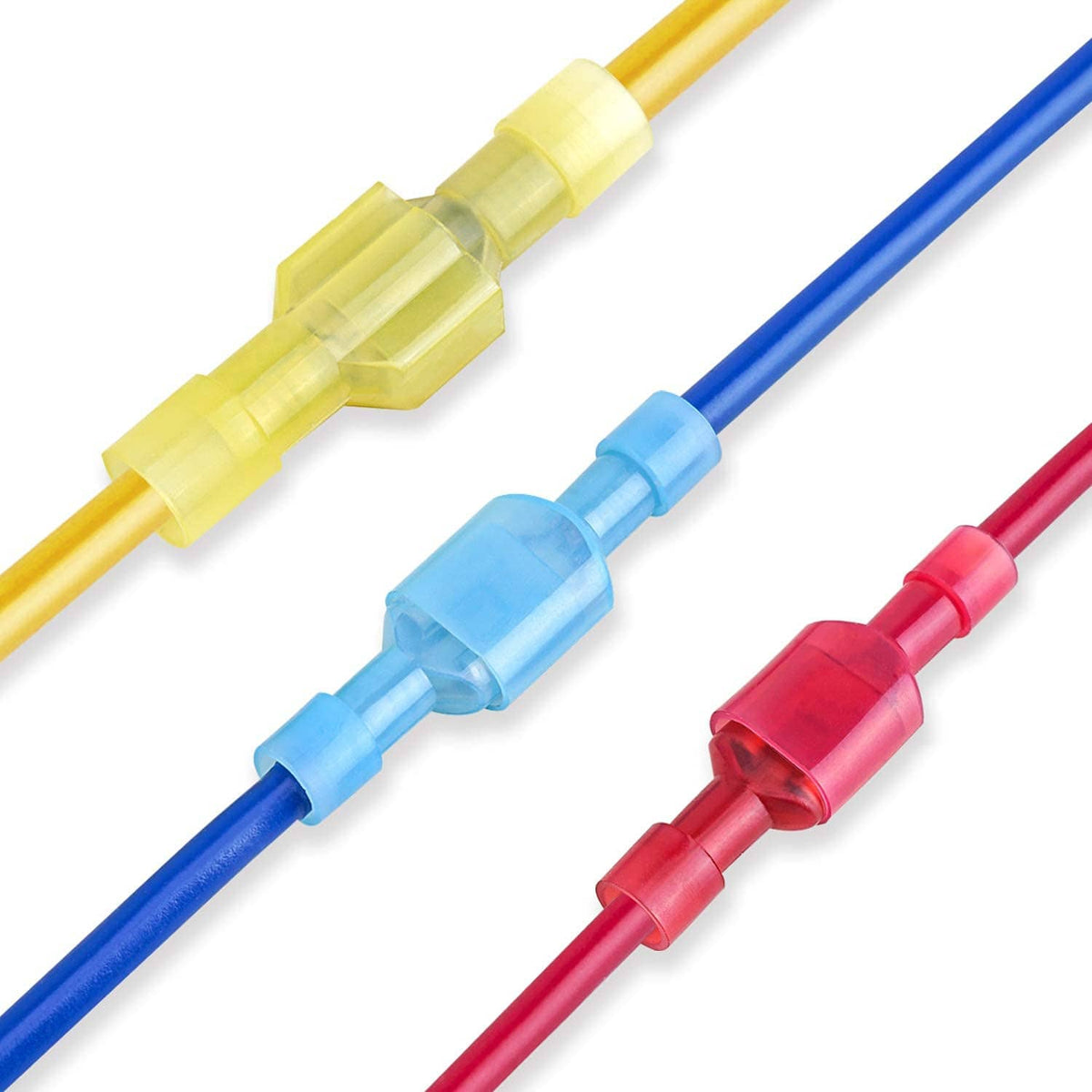 Three insulated quick disconnect spade connectors on colored wires: yellow, blue, red