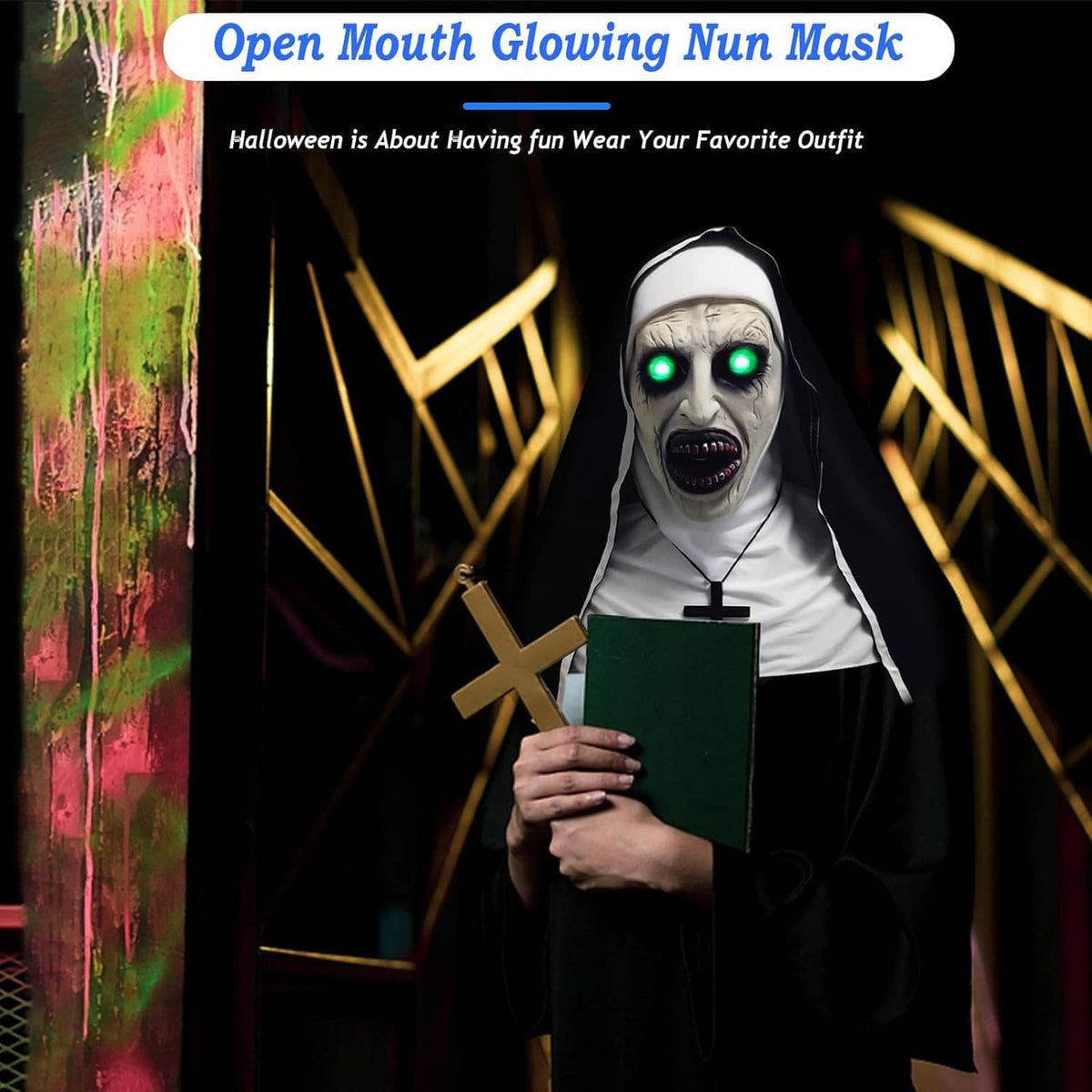 Horror nun full-head mask on a hooded costume, pale face with glowing green eyes, cross charm