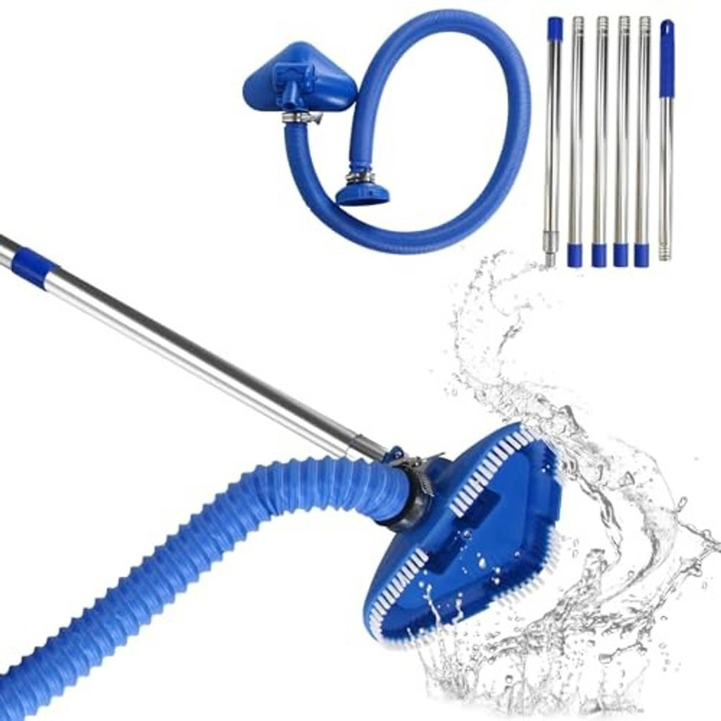 Blue pool vacuum suction head on telescoping pole with flexible hose and extension rods