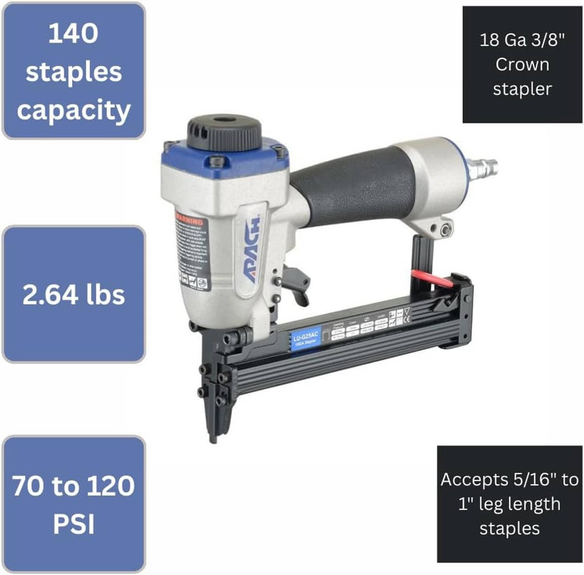 Pneumatic 18-gauge crown stapler with black handle, gray-blue body and front foot