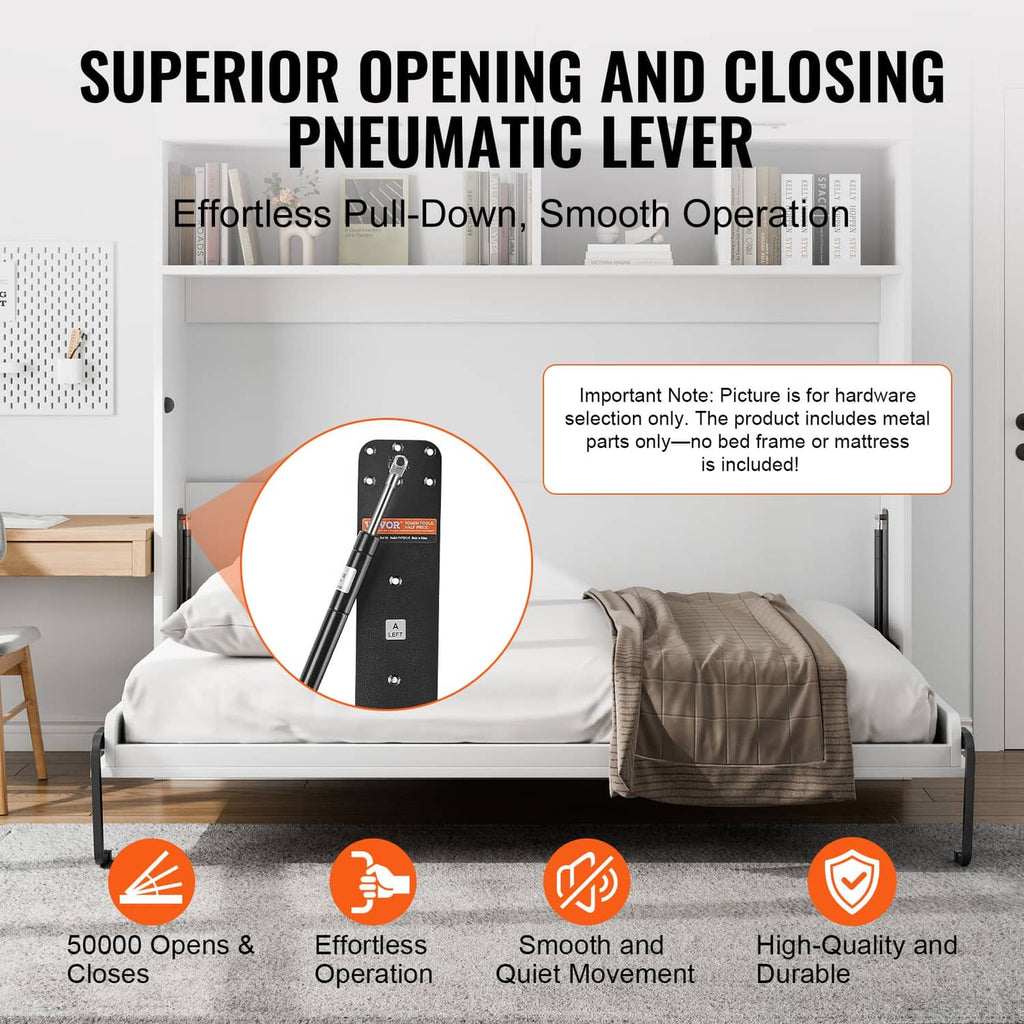Murphy bed pneumatic lever mechanism with bed frame and operation icons