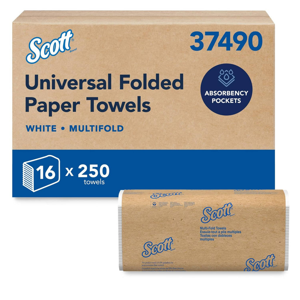 Universal folded paper towel box and single roll, white multi-fold towels
