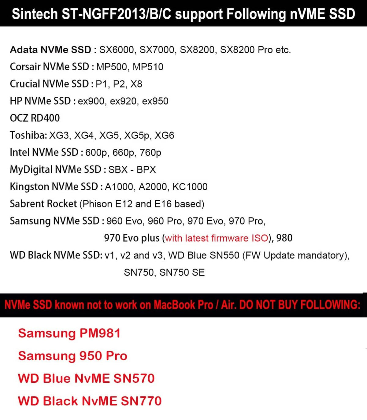 Printed compatibility list for Sintech M.2 NGFF nVME SSD adapter card