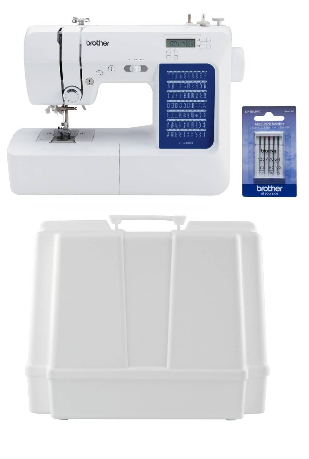 White computerized sewing machine with LCD panel and accessory card