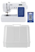 White computerized sewing machine with LCD panel and accessory card
