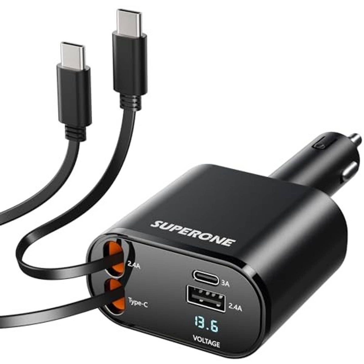 Retractable black car charger with two Type-C cables and USB-C connector ports