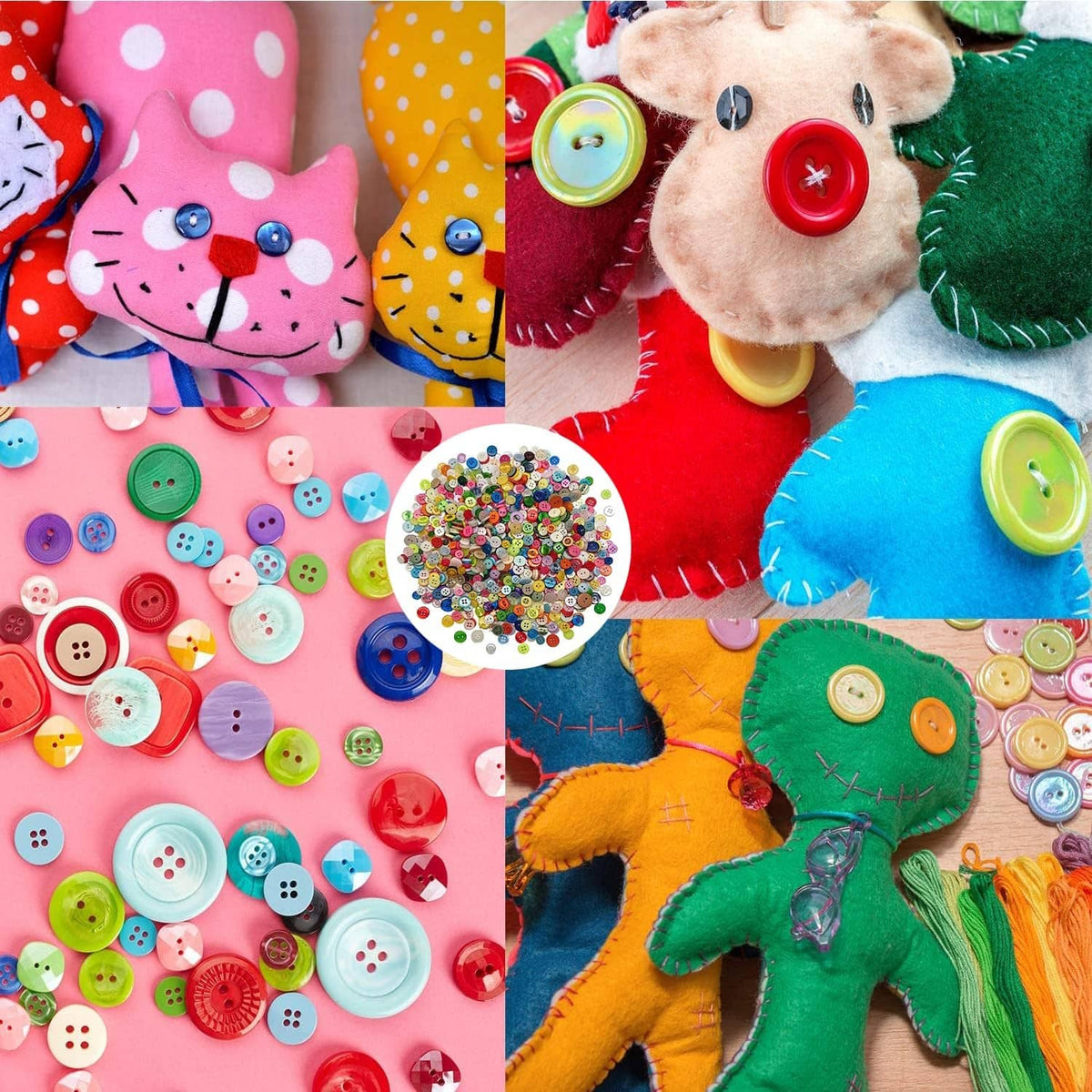 Assorted round buttons scattered among colorful felt craft pieces for sewing projects.