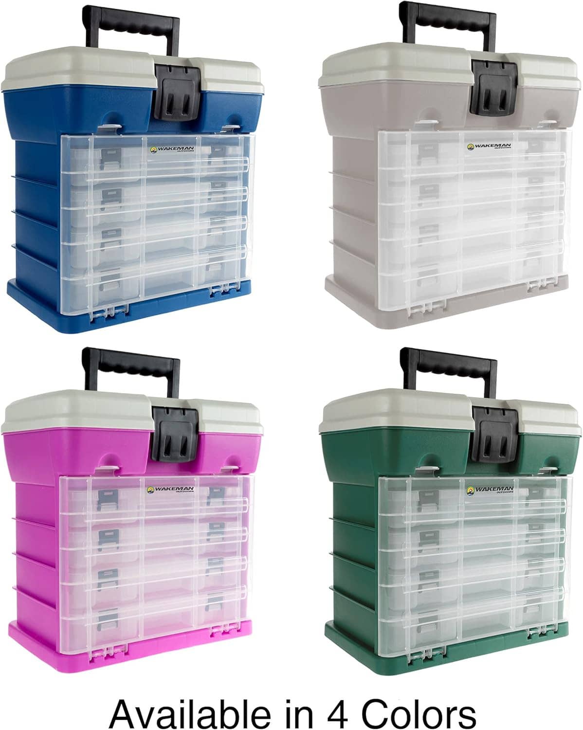 Tool storage box in four colors: blue, beige, green, and purple, with clear drawers