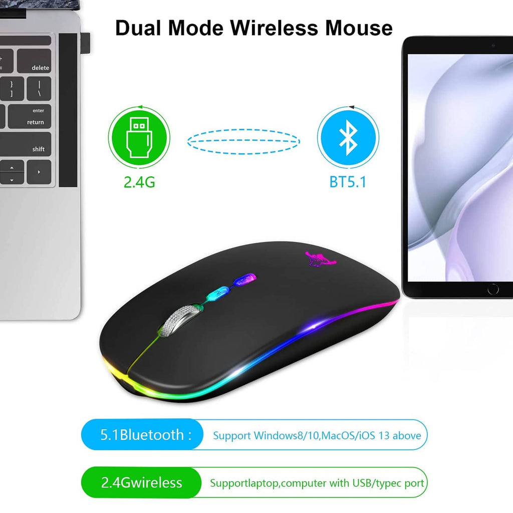 Black wireless mouse with RGB lighting, Bluetooth and 2.4G connectivity icons