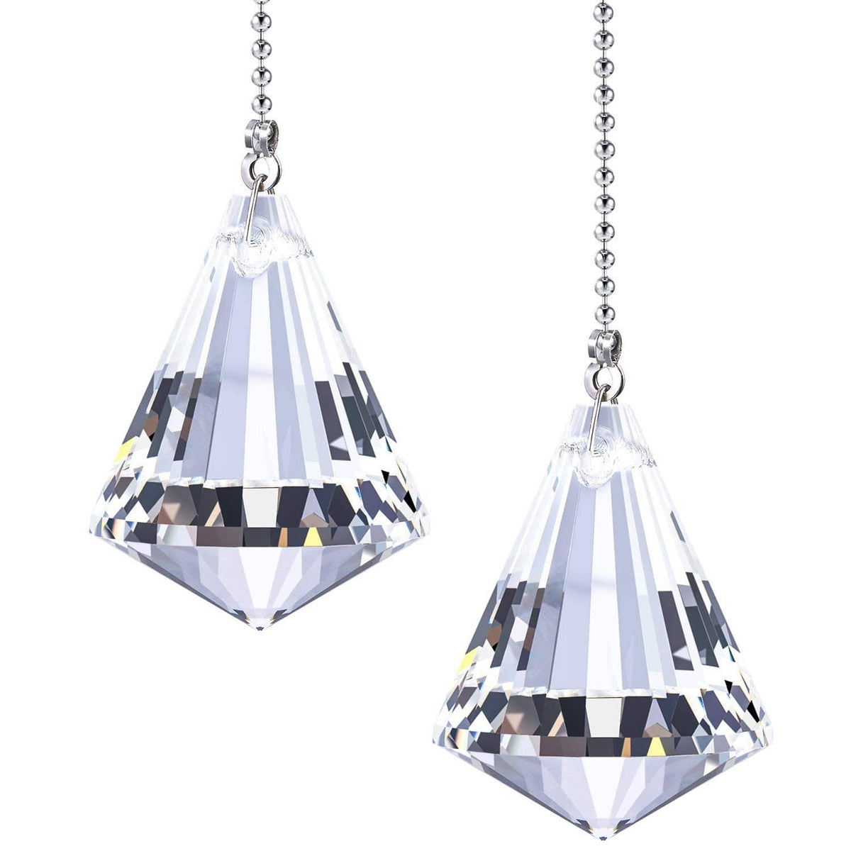 Crystal pull chain ceiling fan ornaments: two faceted teardrop prisms on bead chains
