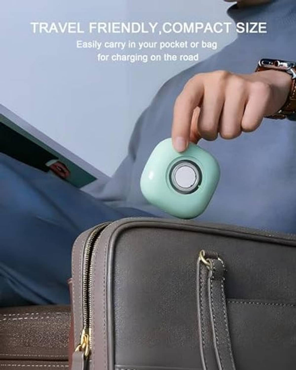 Teal portable charging case held near bag, travel-friendly compact design