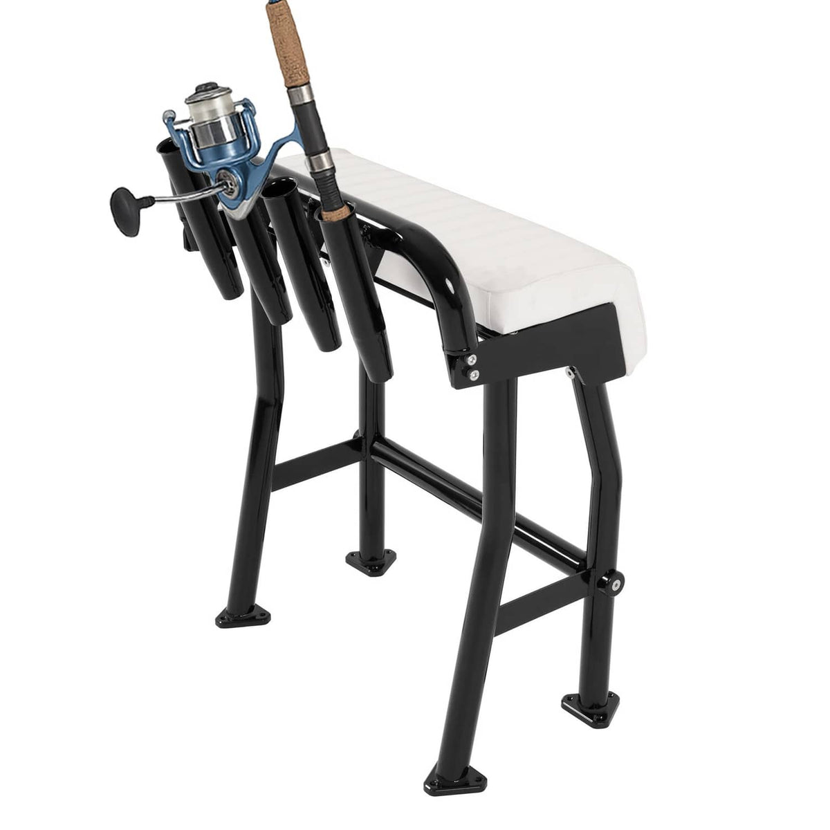 Leaning post boat seat with white cushion, black frame, and four rod holders with rods attached