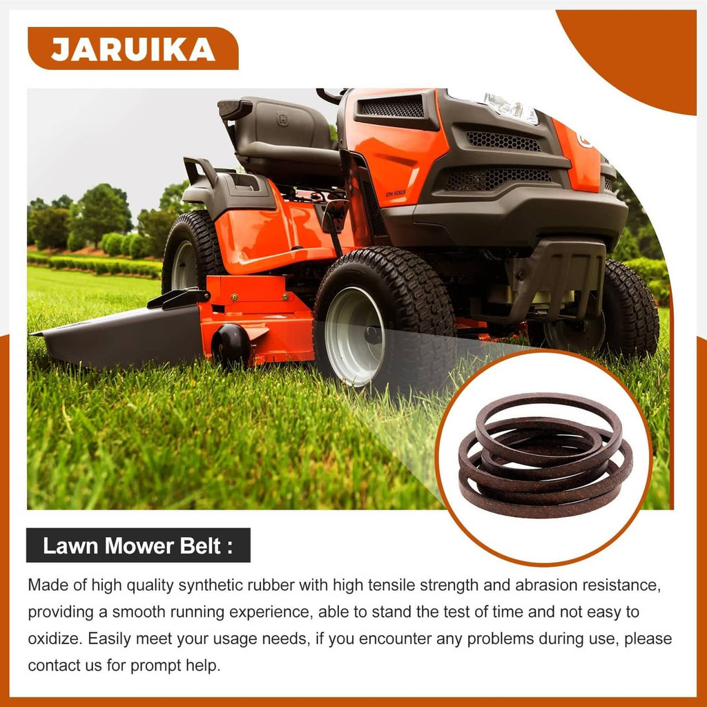 Brown lawn mower deck drive belt replacement shown as a coiled belt bundle