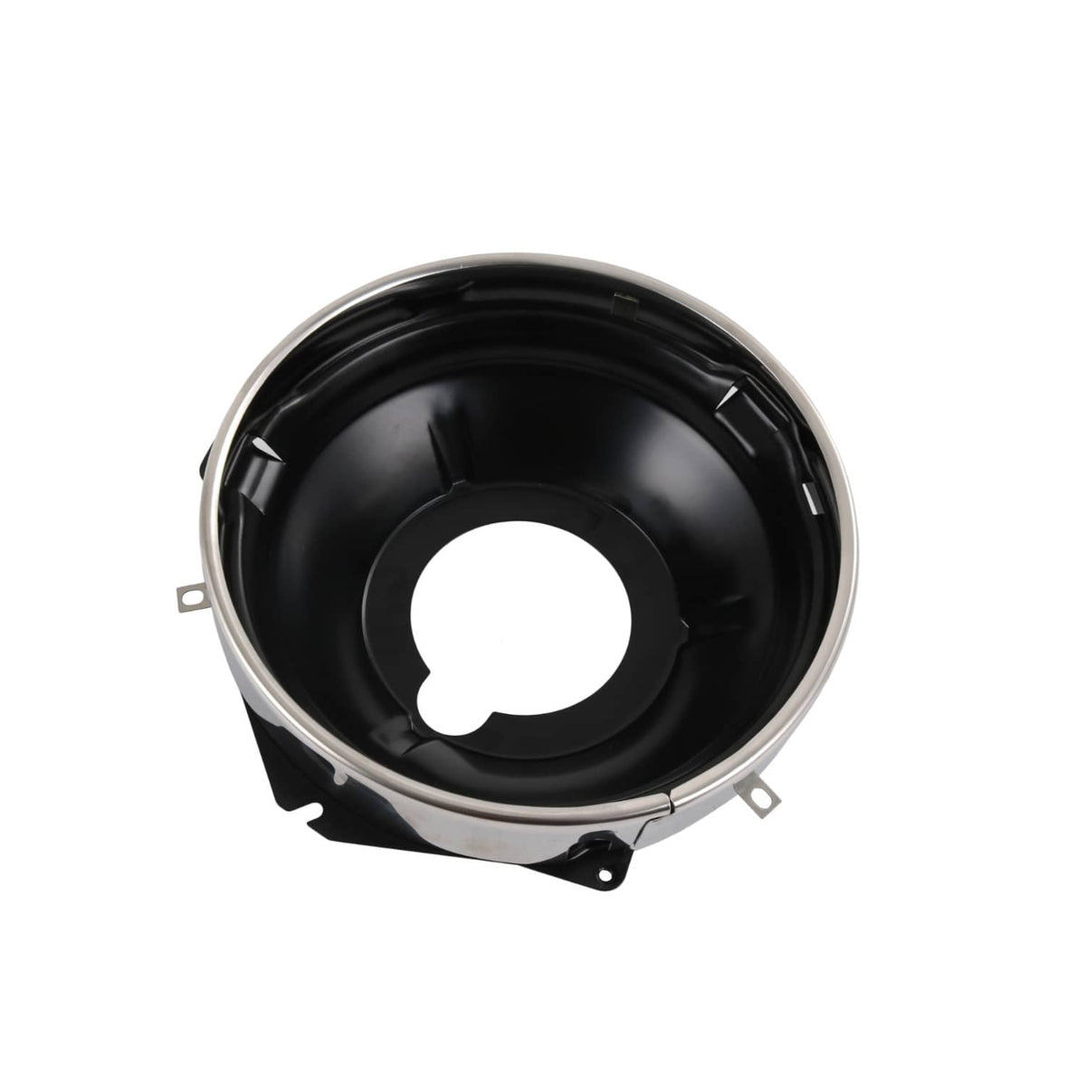 Single black headlamp mounting bucket with silver outer ring and central opening