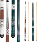 Set of decorative pool cue sticks with patterned shafts and dark butt caps