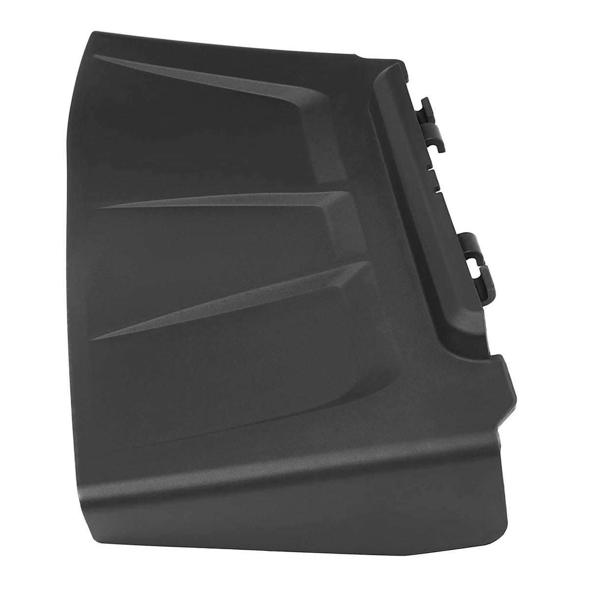 Black discharge chute side view with latch bracket and smooth molded face.