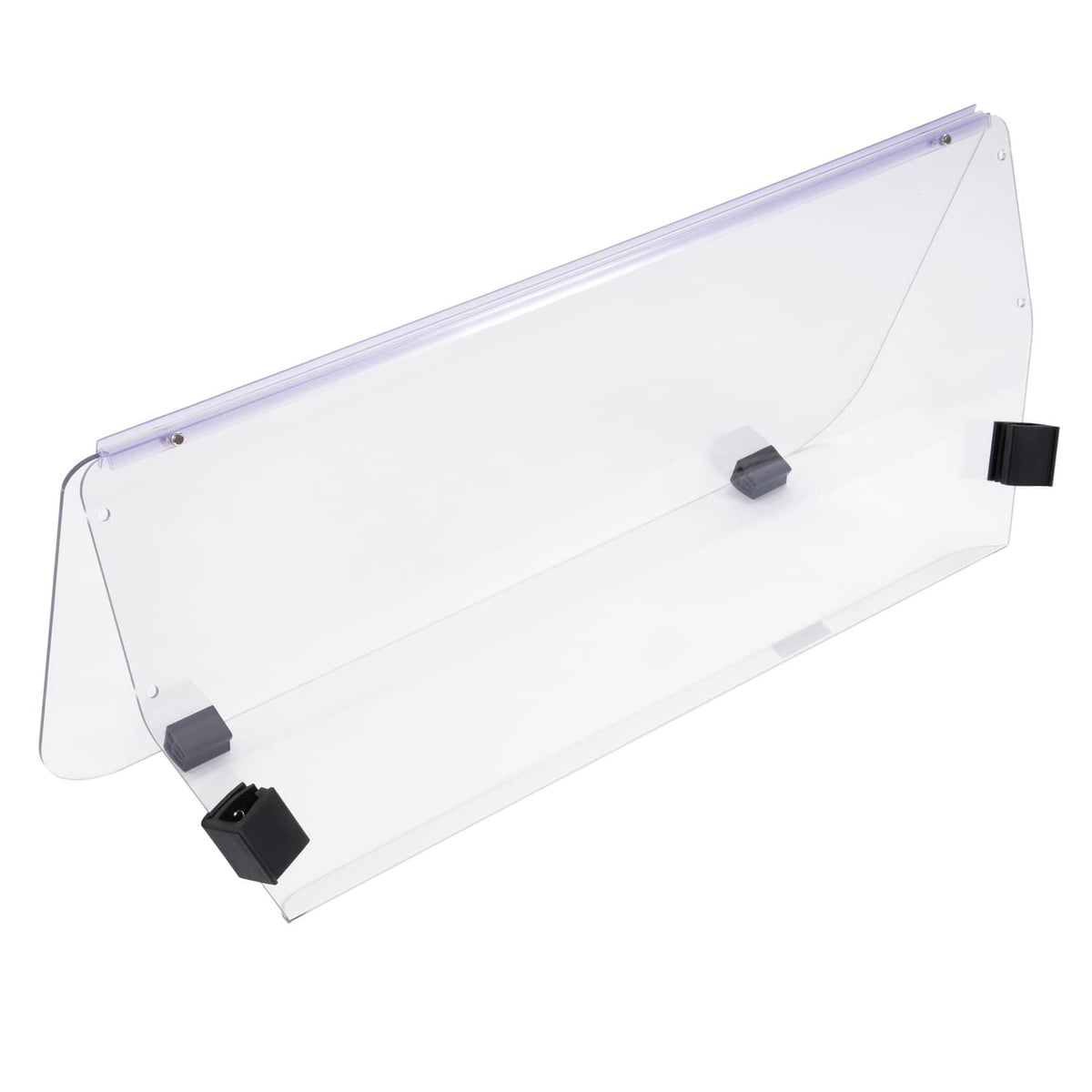 Clear vented golf cart windshield windscreen with black mounting blocks, angled view