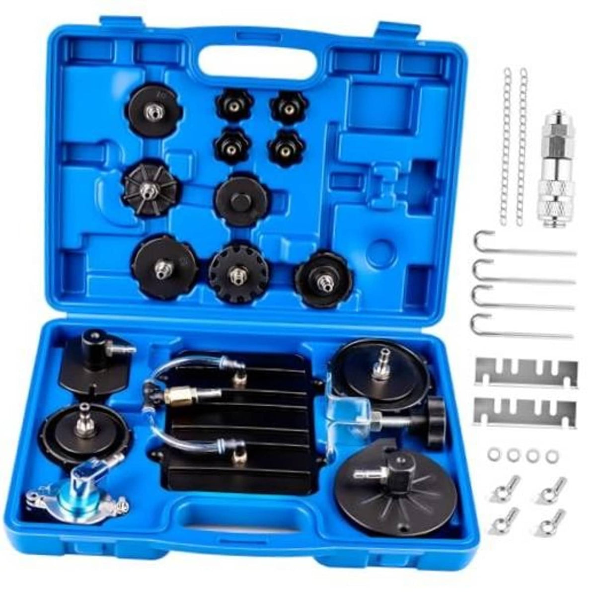 Brake bleeder tool set in blue case with adapters, hoses, and fittings
