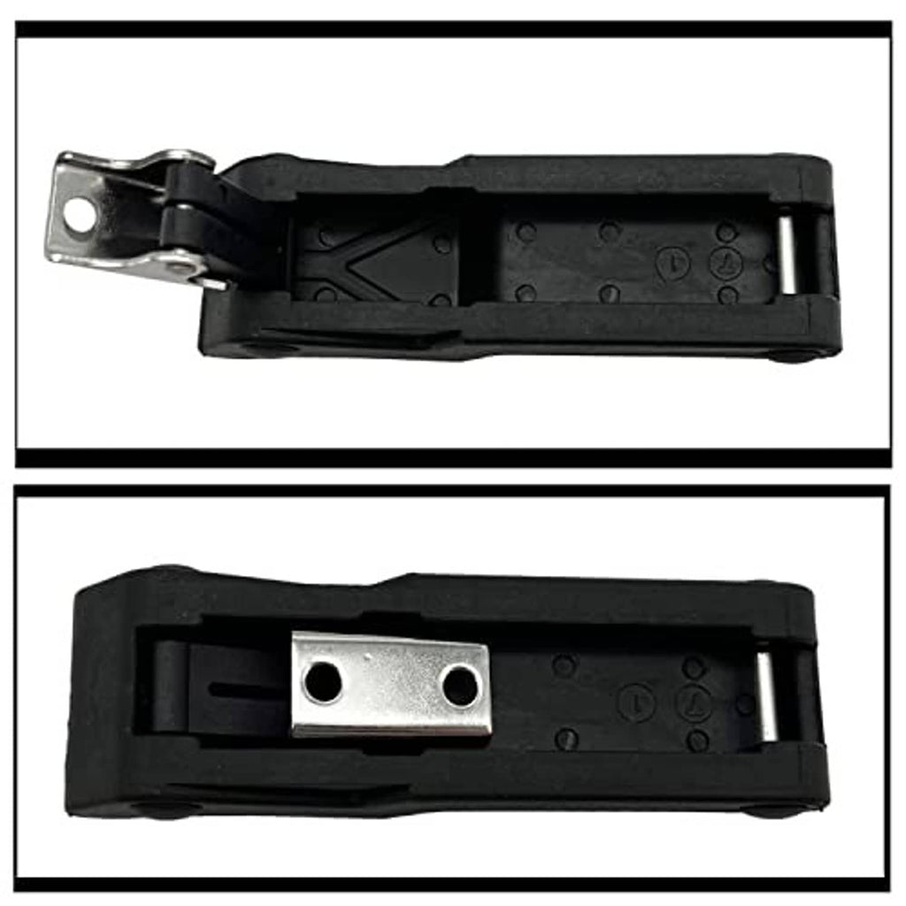 Black rubber latch assembly with exposed metal pin plate and mounting bracket