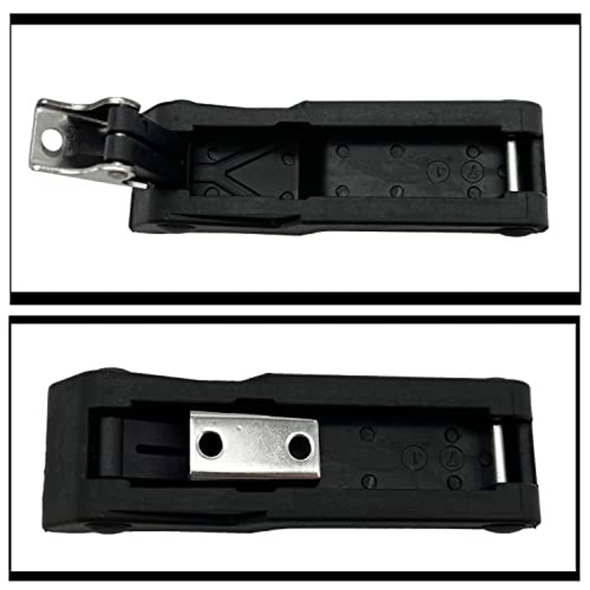Black rubber latch assembly with exposed metal pin plate and mounting bracket