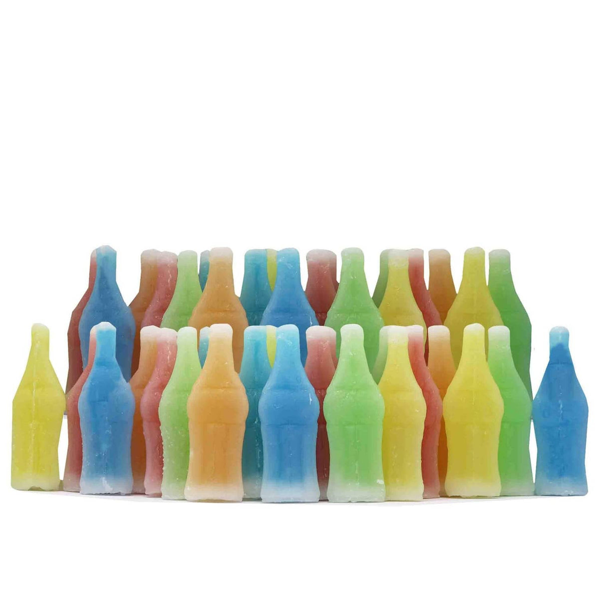 Row of wax bottle-shaped candies in multicolor pastels