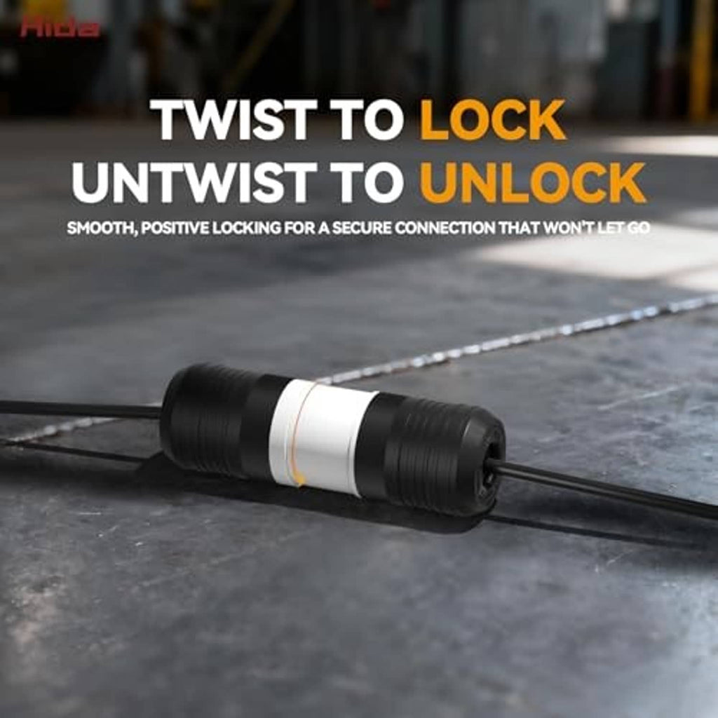 NEMA twist-lock locking plug on cord with black ribbed grip and white face