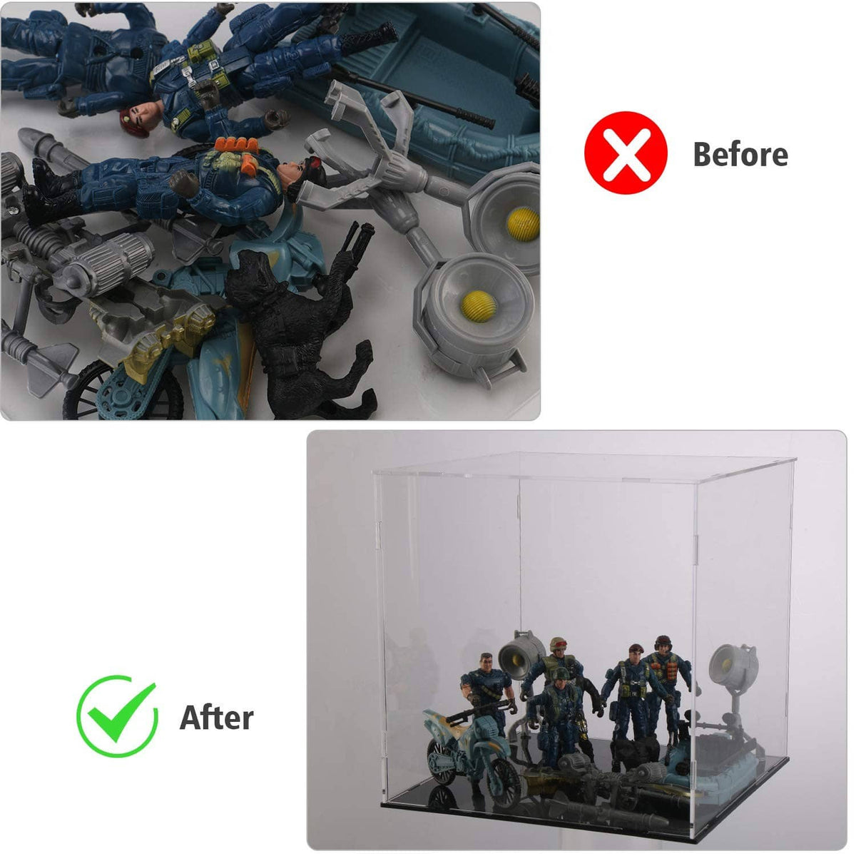 Clear acrylic display case with black base, protecting action figures