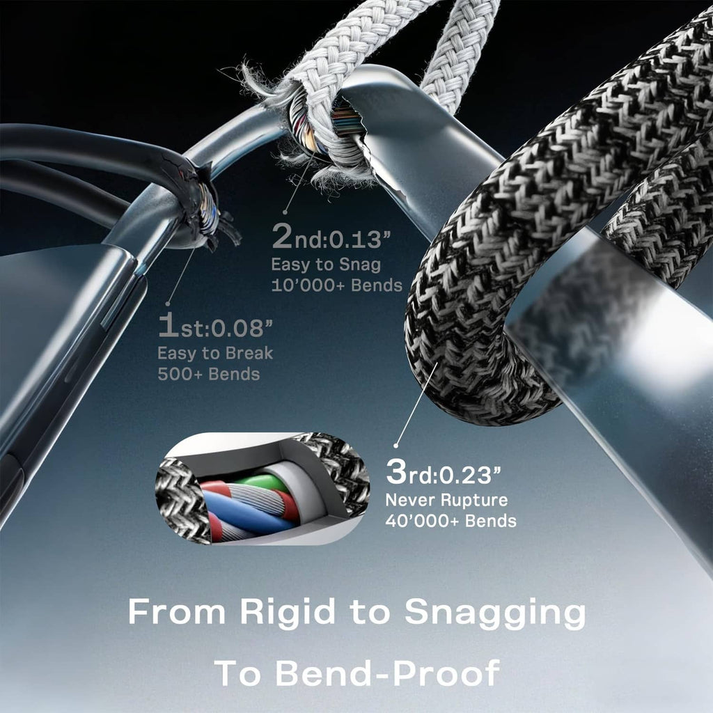 Braided USB-C charging cable with reinforced bend points and dark connectors