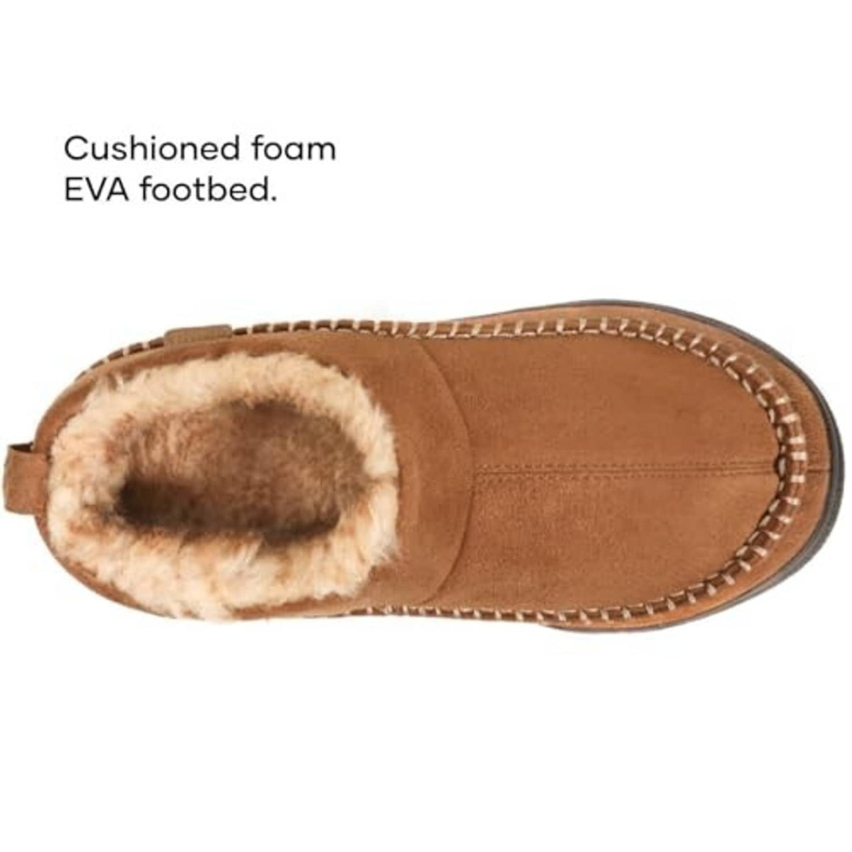 Tan slip-on moccasin slippers with plush faux-fur interior and stitched moc toe detail.