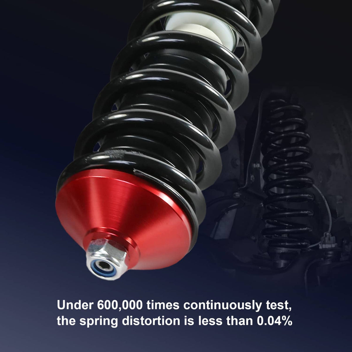 Coilover strut spring and red upper mount detail with black damper shaft and bolt