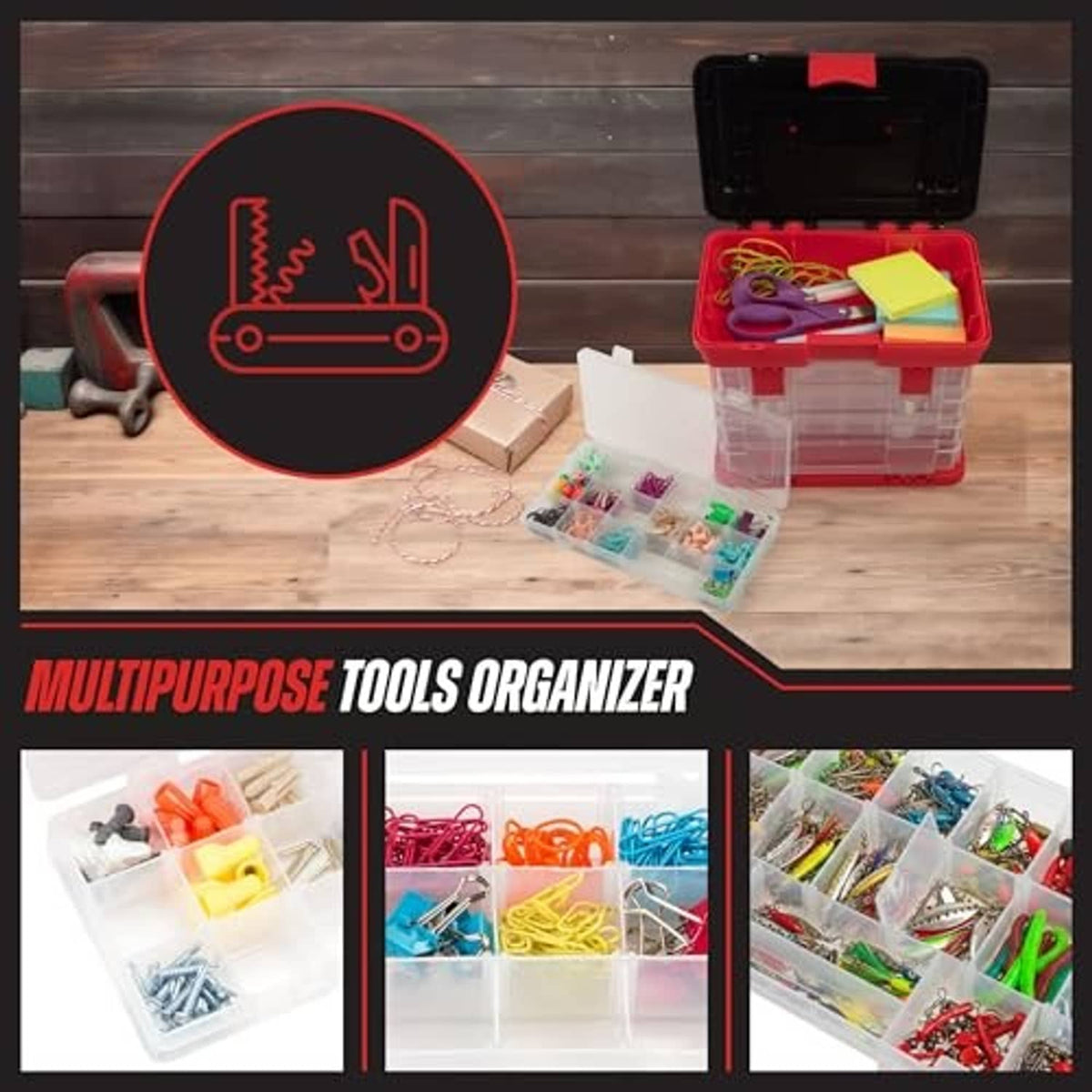 Red tool organizer case with clear drawer stack, shown with assorted small parts inside