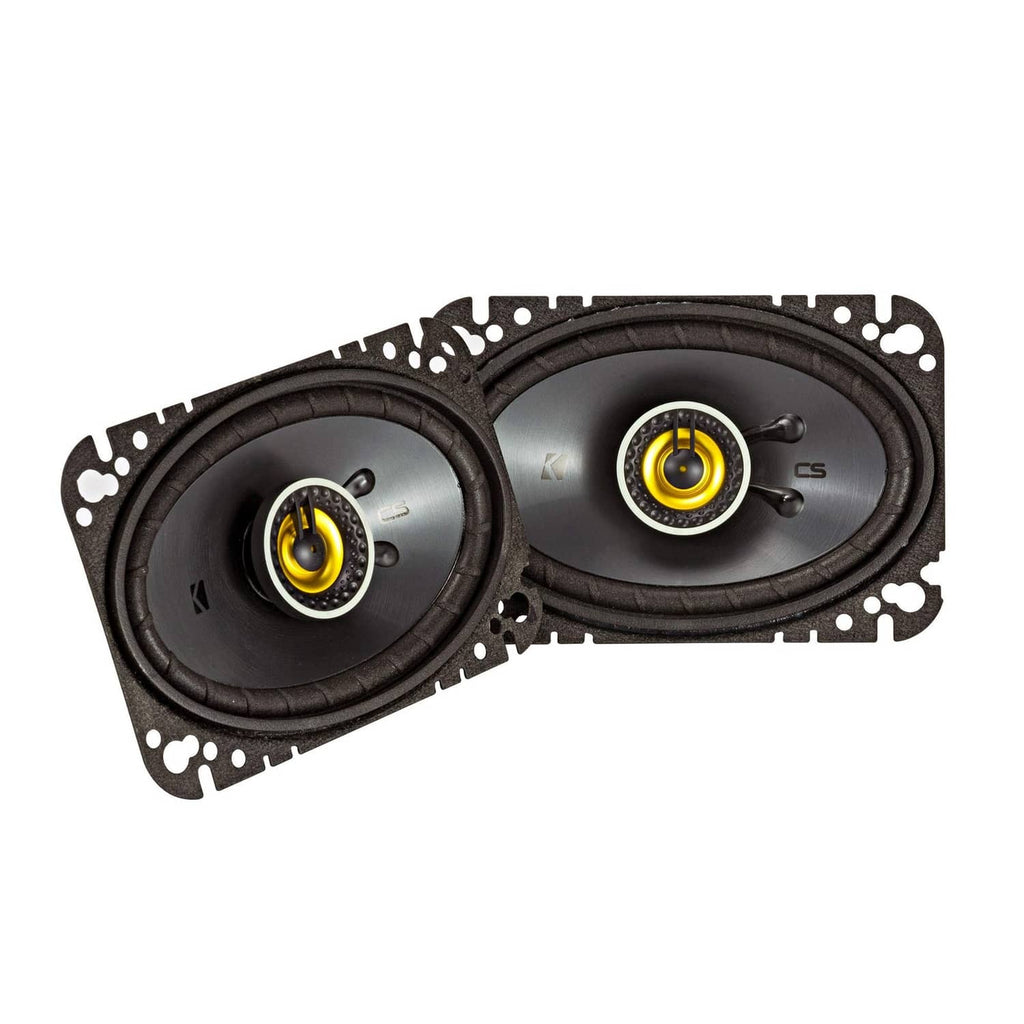Coaxial car speaker set with black frames, yellow tweeters, and mounting gaskets