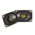 Coaxial car speaker set with black frames, yellow tweeters, and mounting gaskets