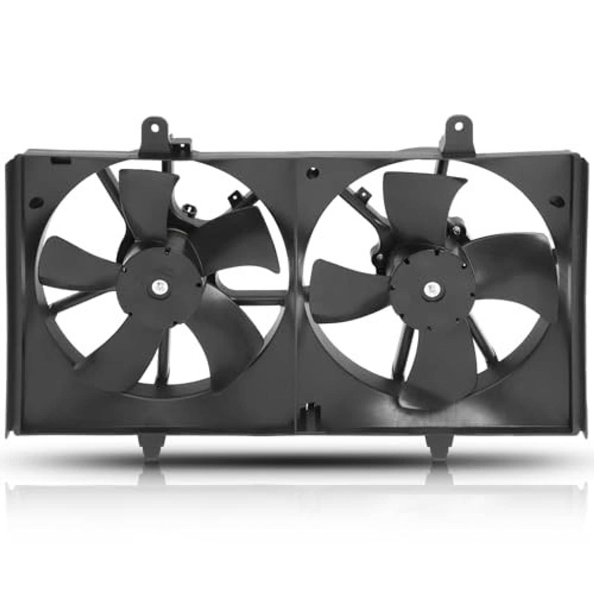 Dual radiator condenser fan assembly showing two fan blades and mounting brackets.