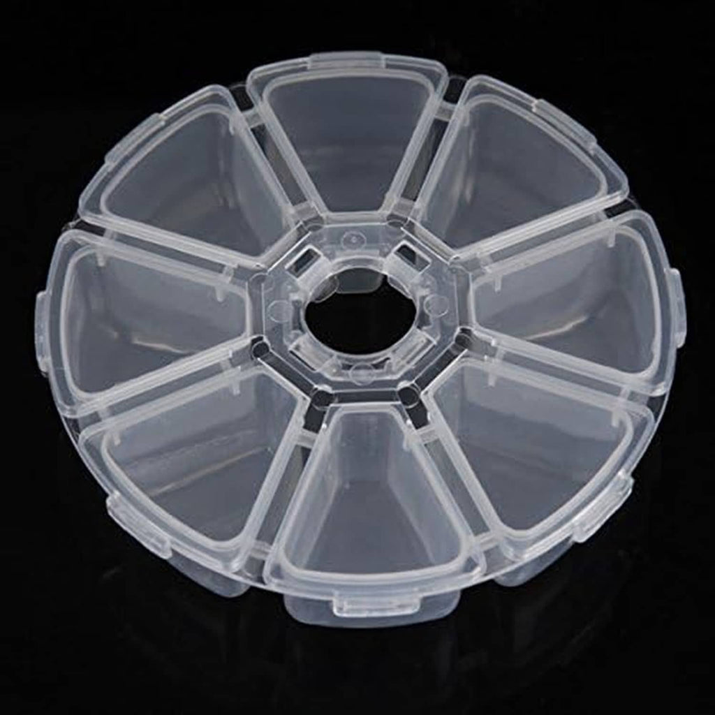 Clear round plastic bead storage case with 8 compartments and center spindle