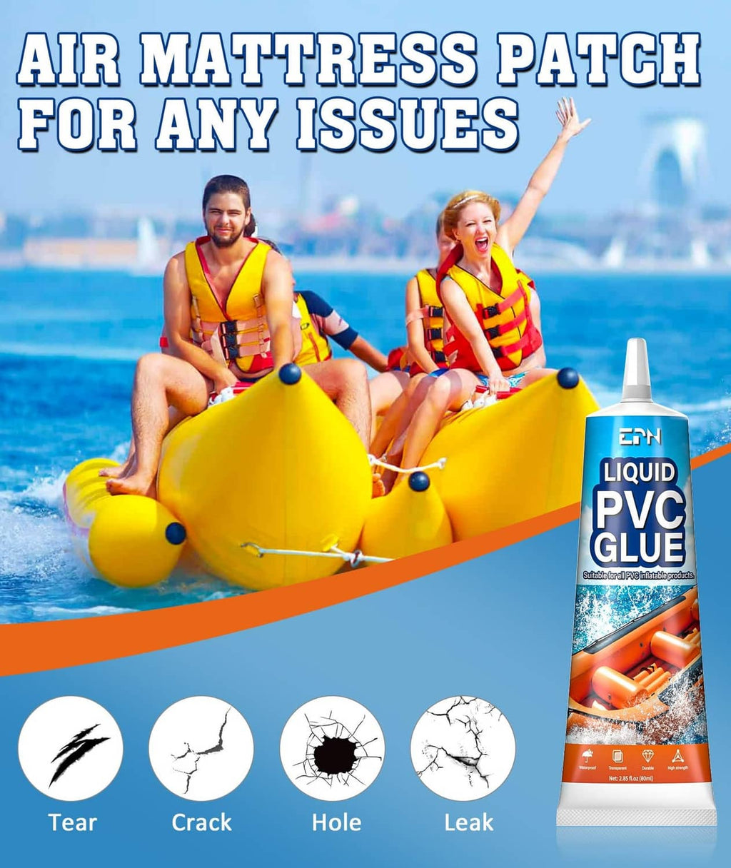 Air mattress PVC repair kit with liquid PVC glue bottle for tear, crack, hole, or leak