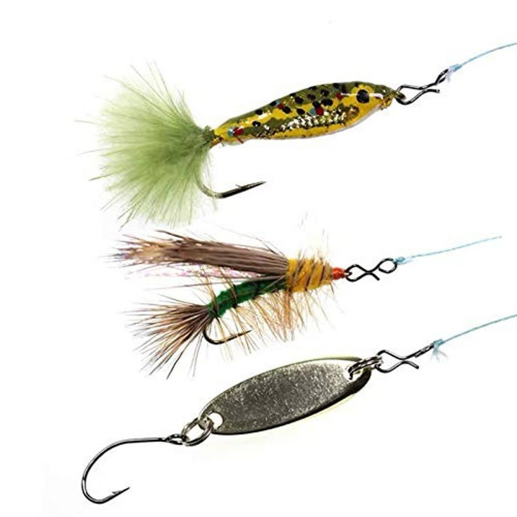 Silver fly snap clips connecting fishing lures to the line, with hook loops visible
