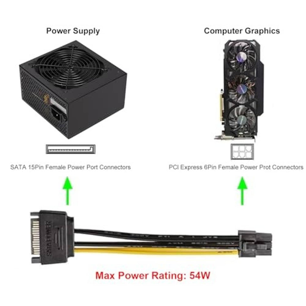 SATA 15-pin female to PCIe 6-pin female power connectors on cable, max 54W.