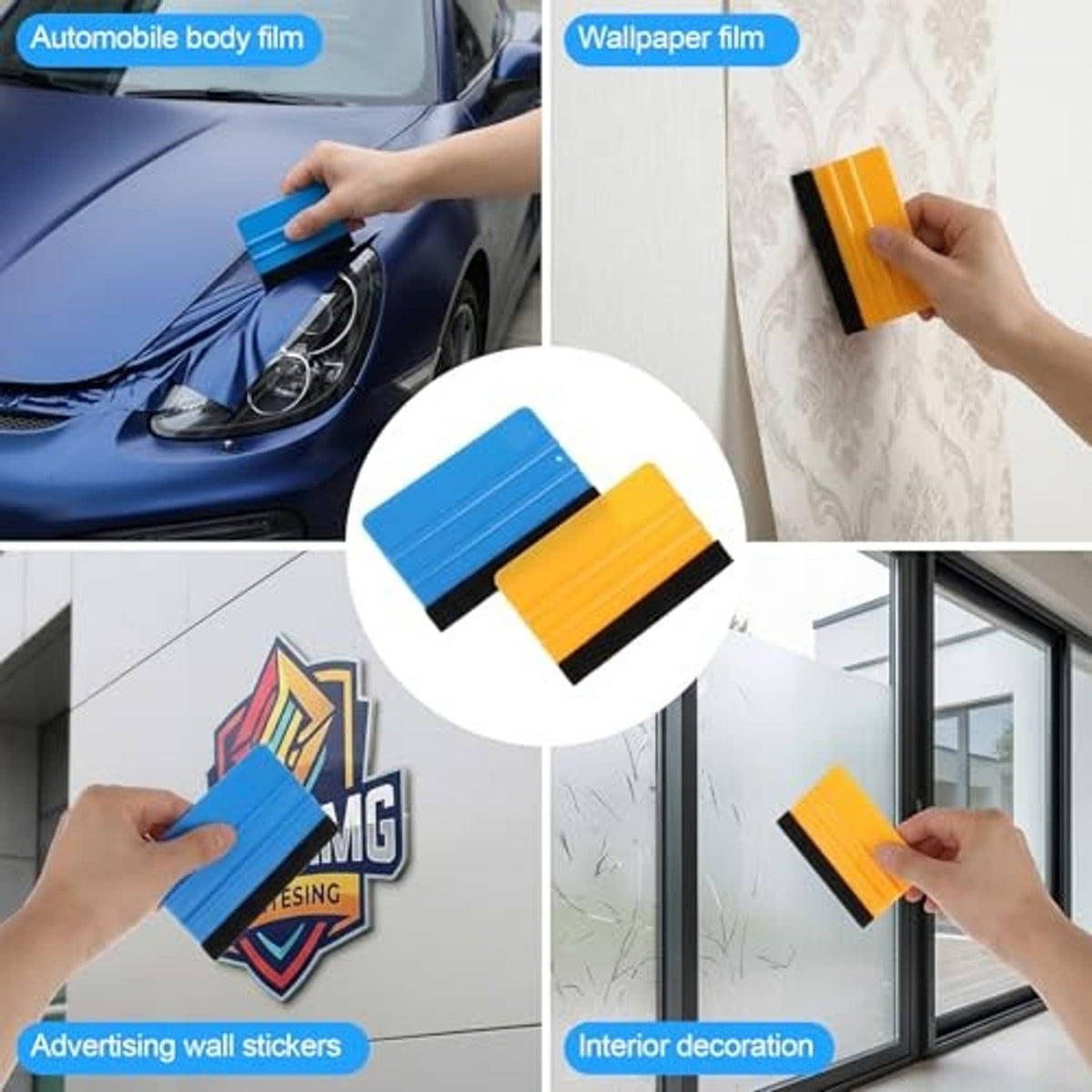 Blue and yellow vinyl squeegees with black velvet felt pads for applying film