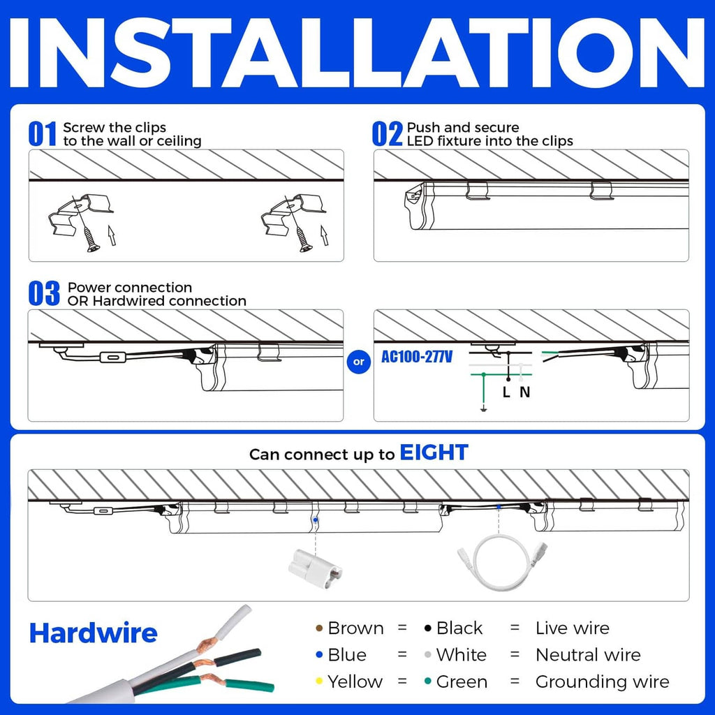 T5 LED light fixture with mounting clips and wiring connection layout