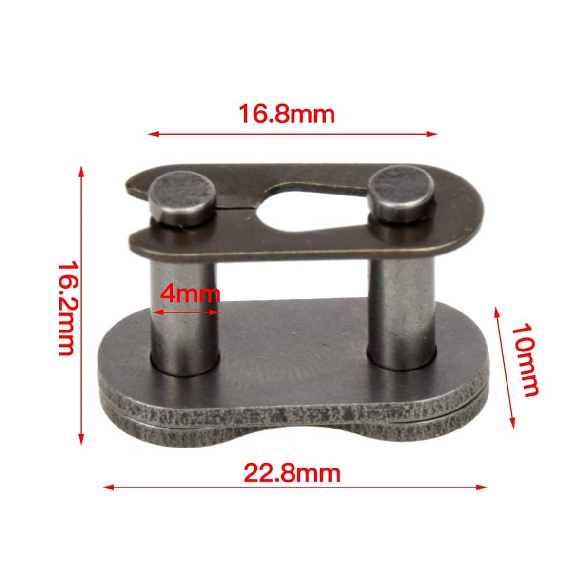 Single roller chain master link connector with mounting dimensions overlay