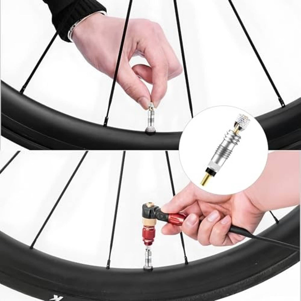Bicycle Presta valve core installation, chrome core with gold base