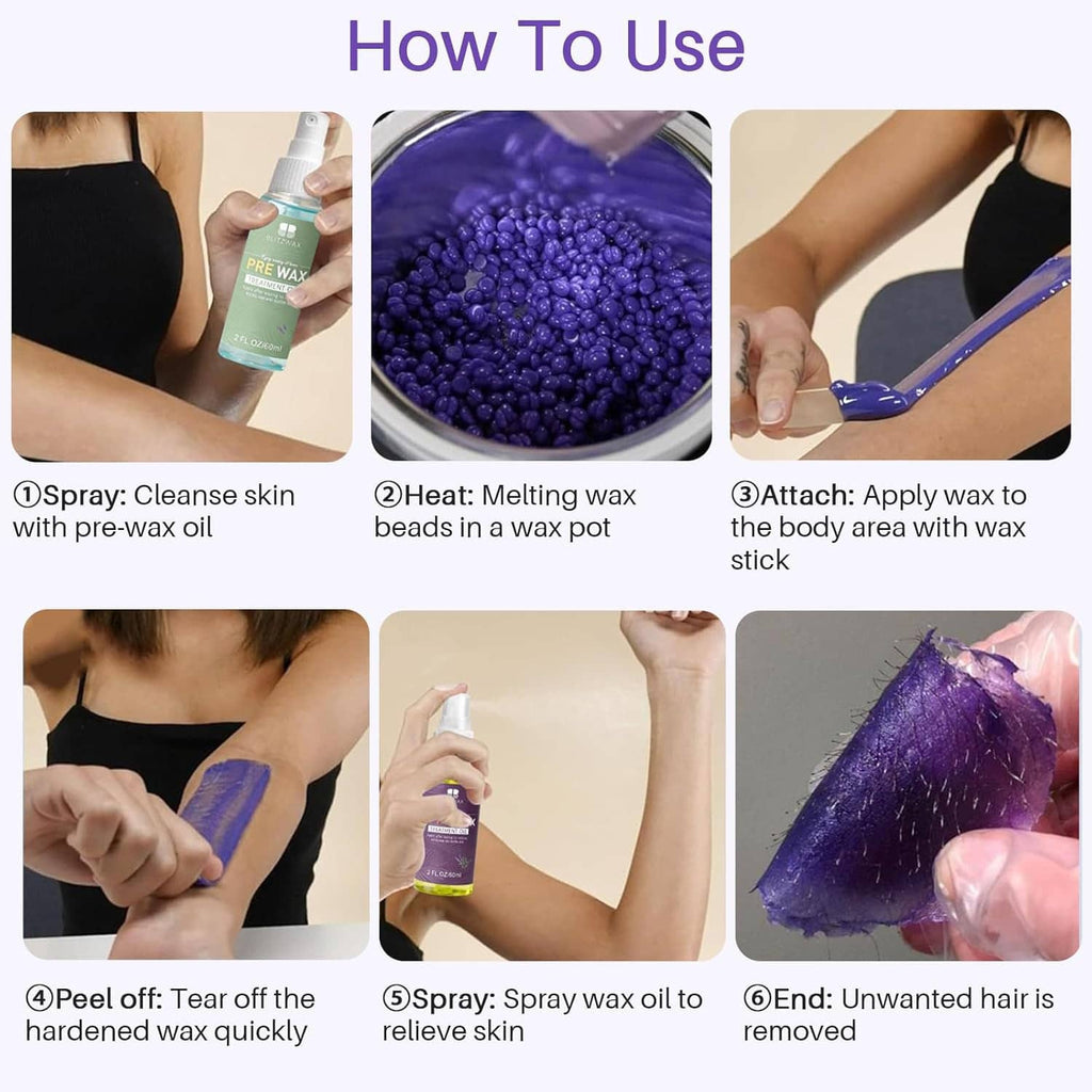 Waxing kit usage steps with pre-wax spray, melting wax beans, and wax application