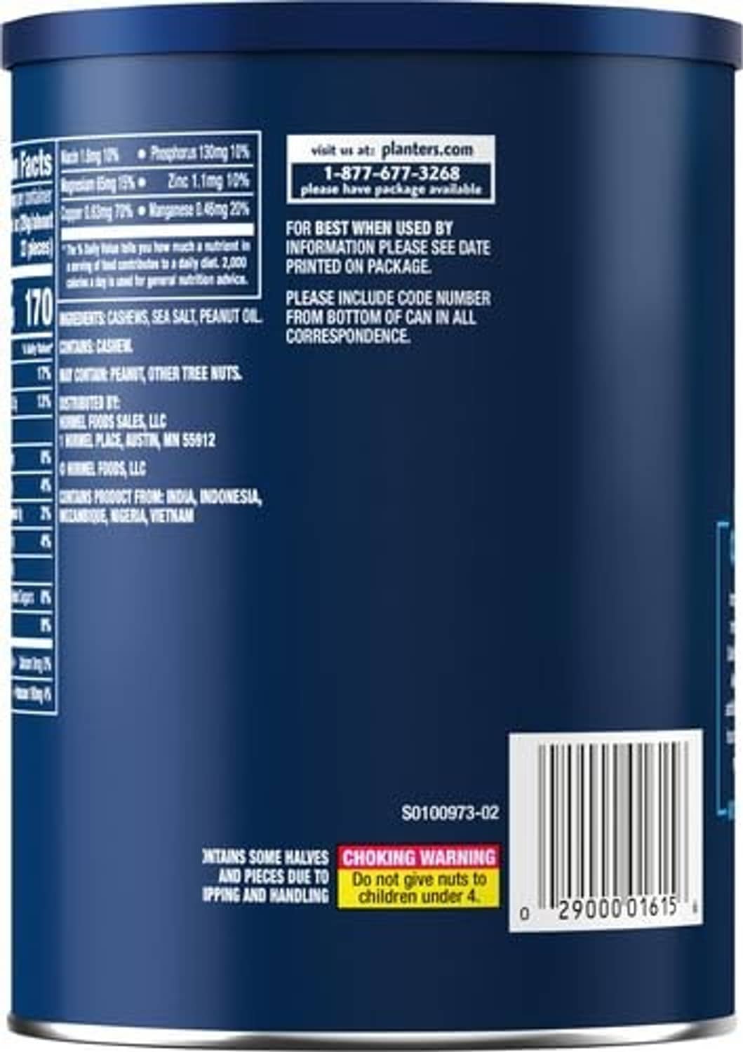 Back label on salted whole cashew canister with ingredients and barcode