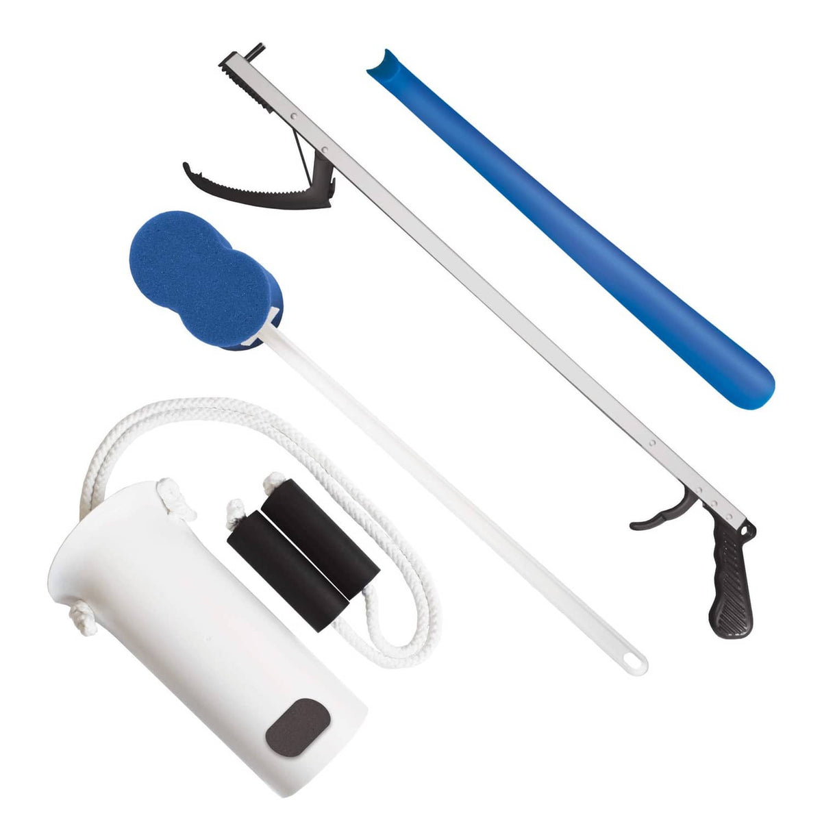 Recovery aid kit with white pull-cord sock aid, blue handle, and metal reacher