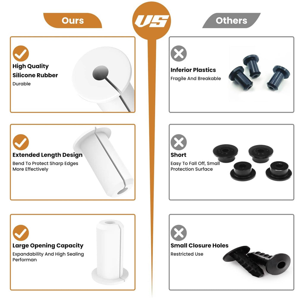White silicone cable pass-through grommet set with extended sleeve and round opening