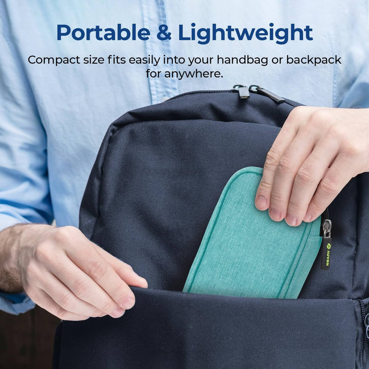 AUVON teal insulin cooler travel case being placed into a bag pocket