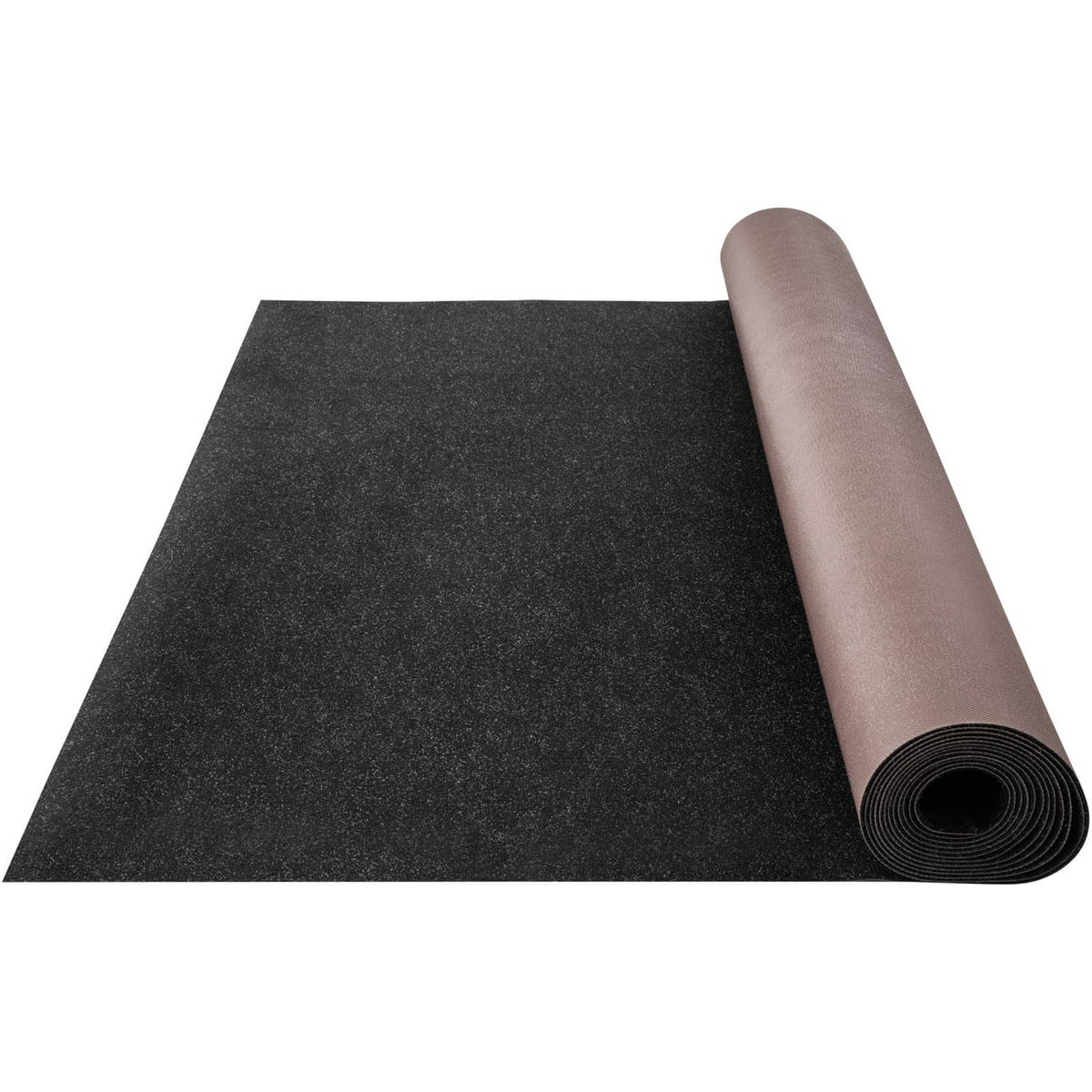 Charcoal black cut pile marine carpet roll showing rolled corner, dark speckled pile