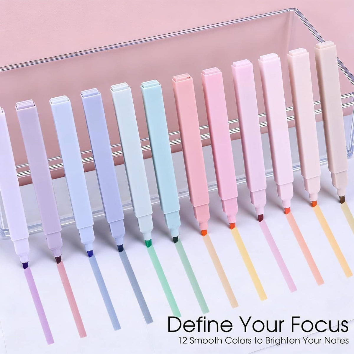 Set of colorful highlighters and pens in soft pastel shades, aligned in rows