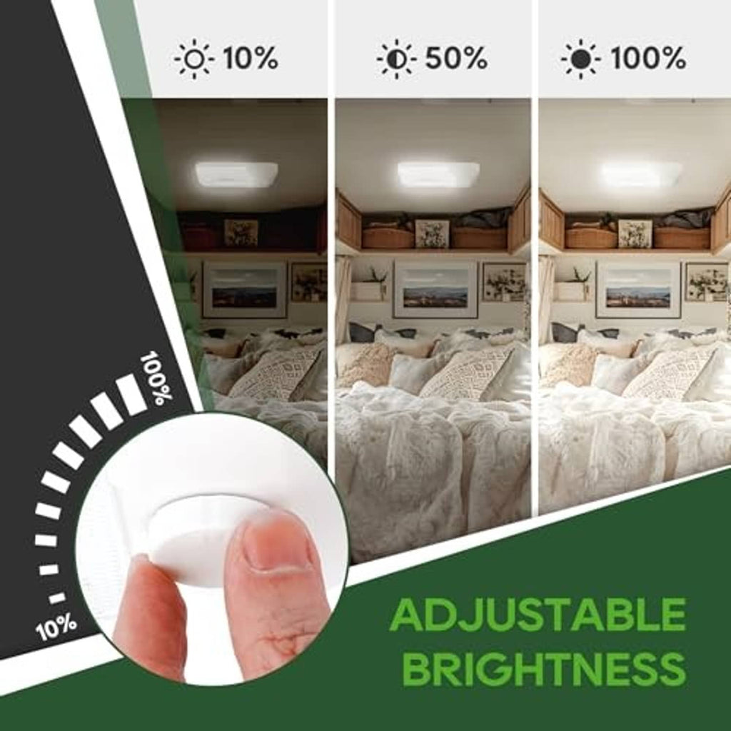 RV LED ceiling light with adjustable brightness settings shown by illumination levels